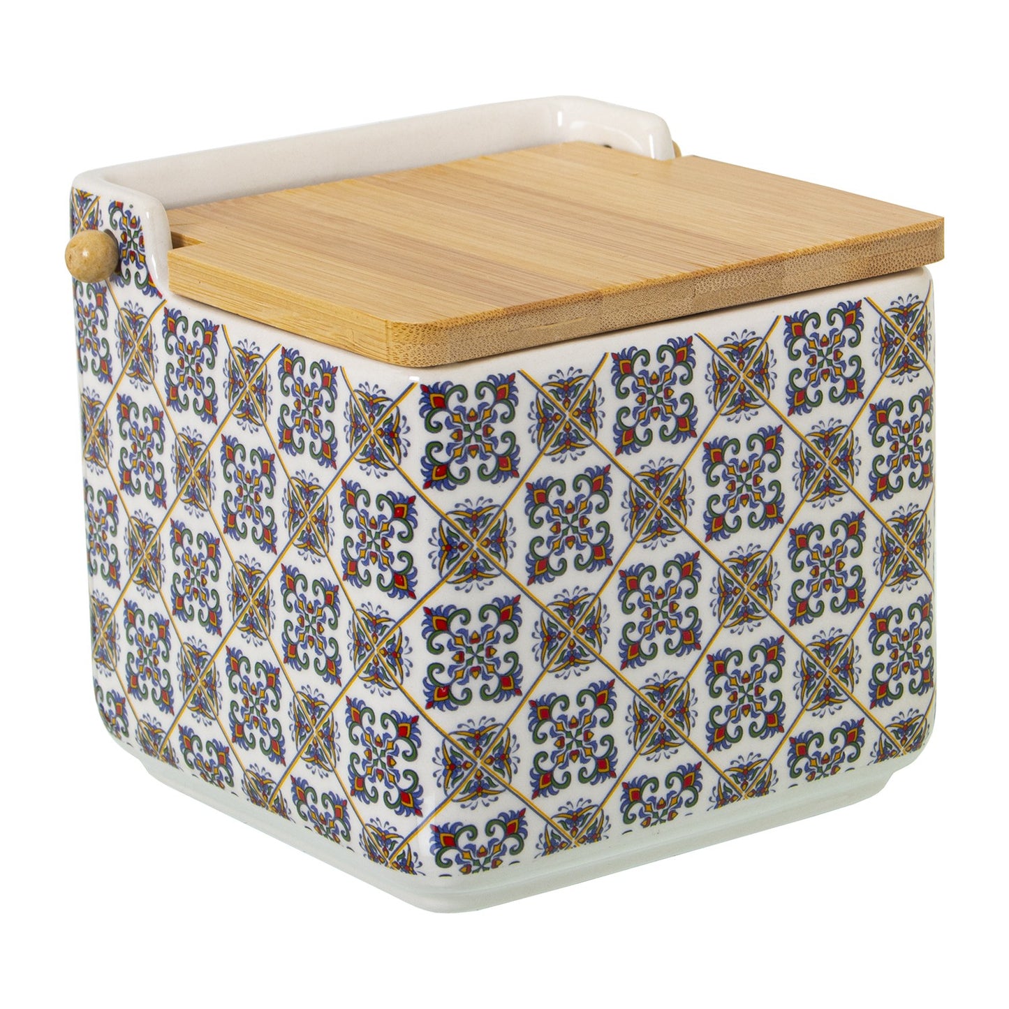 SALIERA BARATTOLO CON COPERCHIO IN LEGNO 12X12X12 MOTIVO COSTIERA