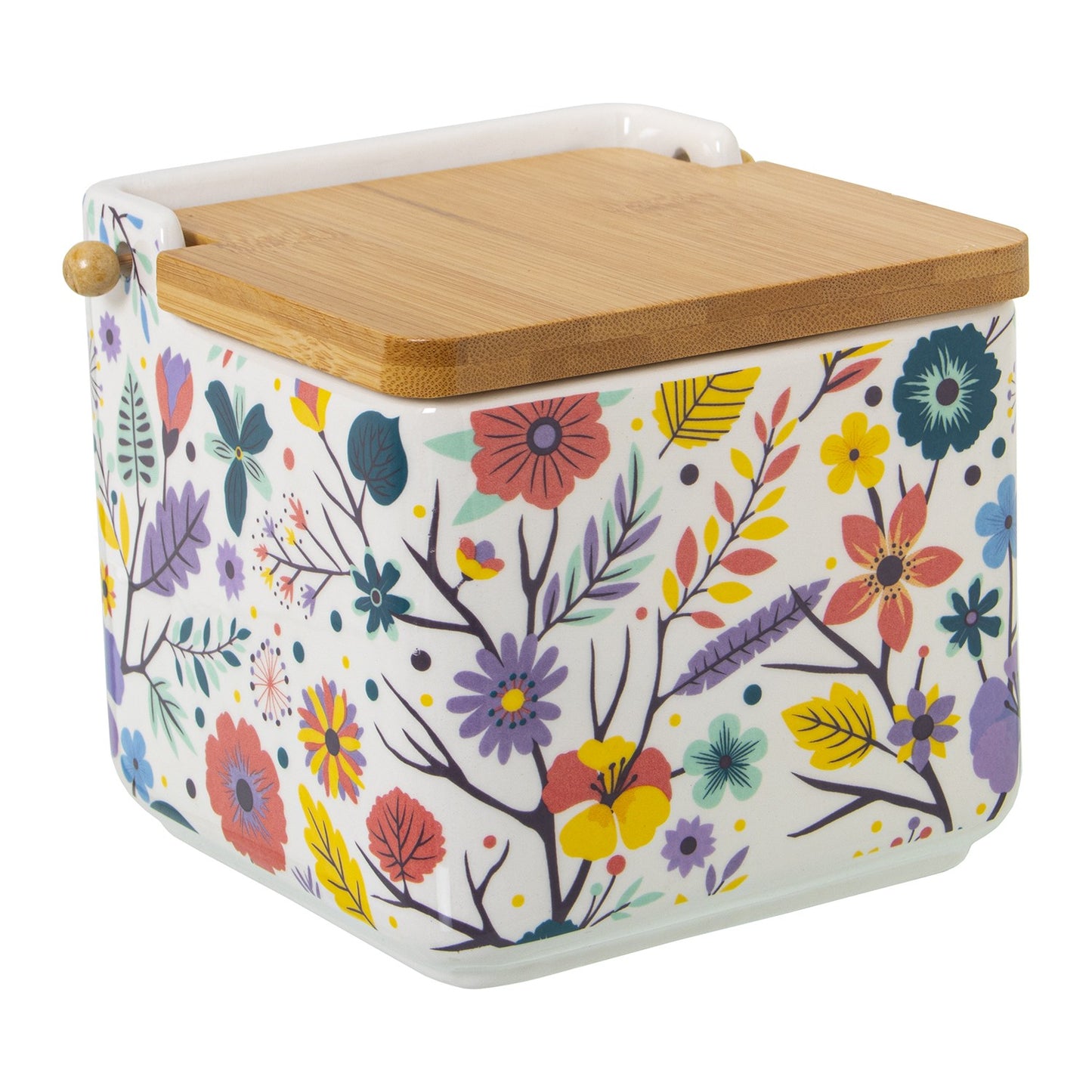 SALIERA IN CERAMICA CON COPERCHIO DI LEGNO 12X12X12 MOTIVO FIORI CUCINA