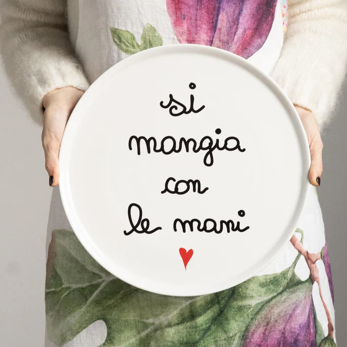 PIATTO PIAZZA GRES PORCELLANA BIANCA CON DECORO"SI MANGIA CON LE MANI" DIAM. CM 31