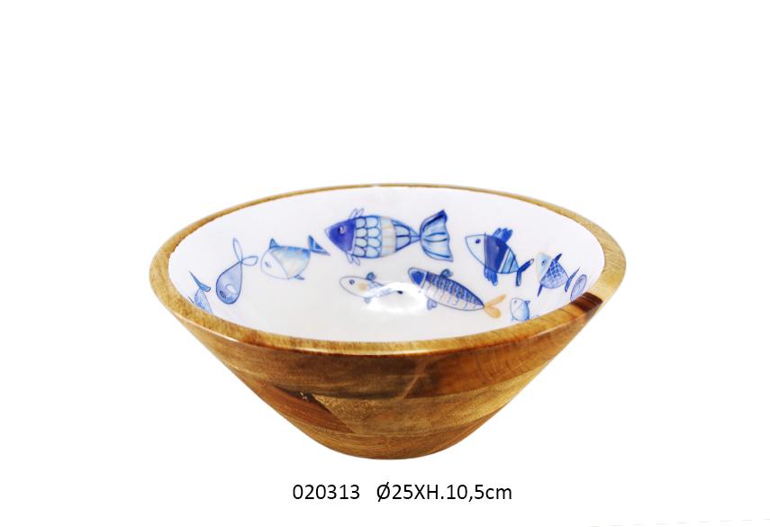 INSALATIERA IN LEGNO DECORAZIONE PESCI CUCINA D.25 CM H.10,5 CM