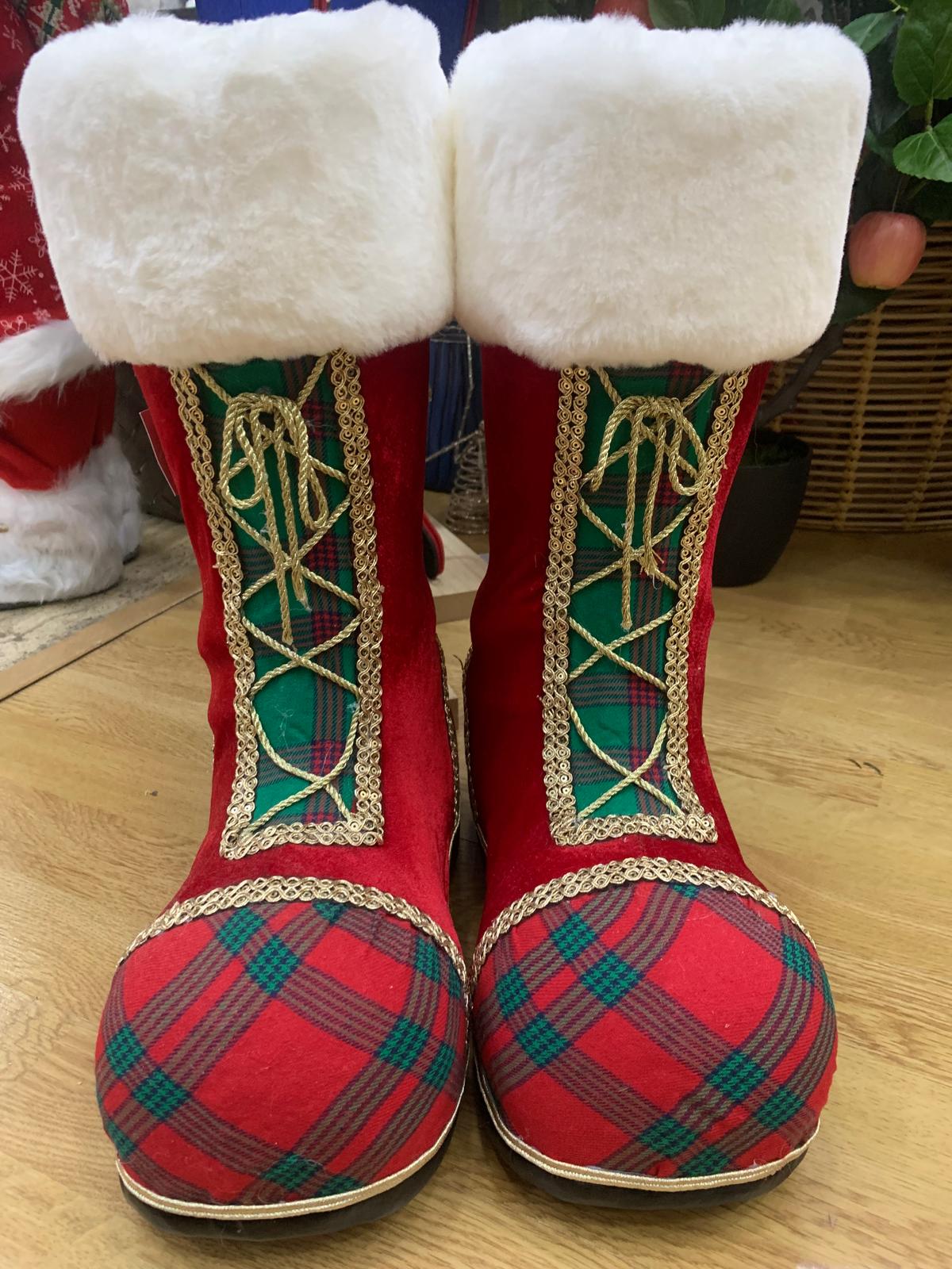 COPPIA STIVALI BABBO NATALE DECORAZIONE ROSSI CON STRINGHE ORO E PELLICCIA H 40 X 30 L.