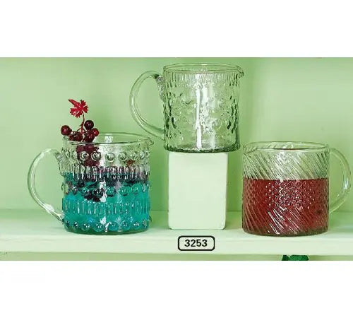 BROCCA IN VETRO CON MANICO 3 DECORI Misura: 9,5x9,5x11cm CUCINA VASO