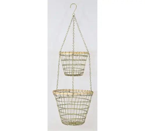 COPPIA CESTINI DA APPENDERE IN METALLO E LEGNO ø25x20cm, ø19x15cm