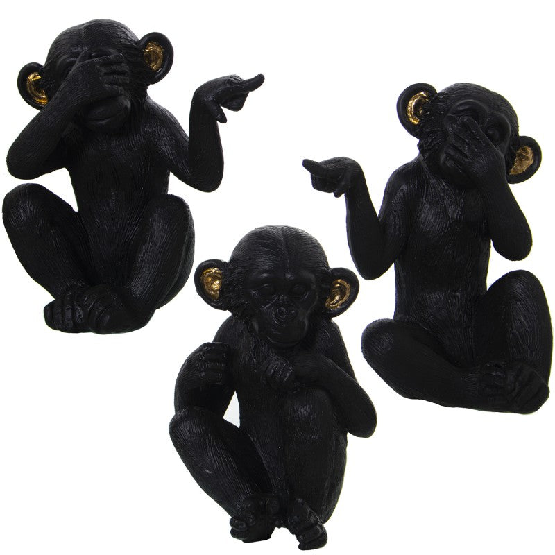 TRIS STATUETTE SCIMMIETTE IN RESINA NERO ED ORO NON VEDO NON SENTO NON PARLO 12X10X14