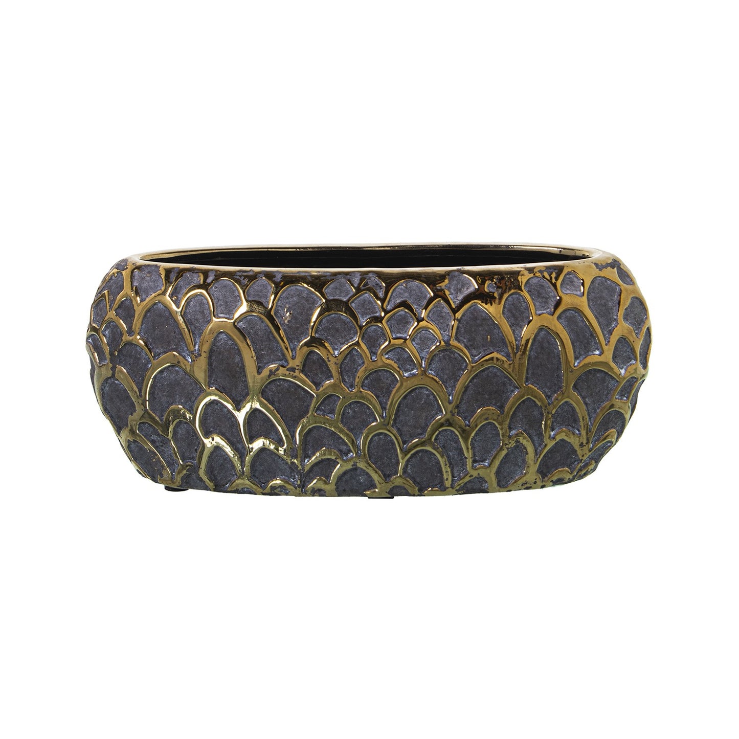 PORTA VASO OVALE IN CERAMICA GRIGIO SCURO E ORO 21x9x9cm