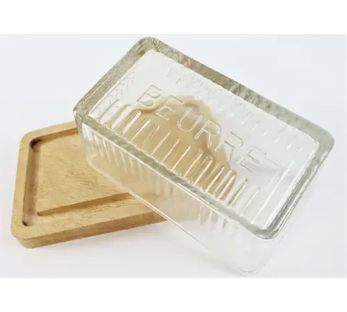 BURRIERA IN VETRO BASE LEGNO Misura: 16x11x8cm PROVENZALE CON SCRITTA A RILEVO