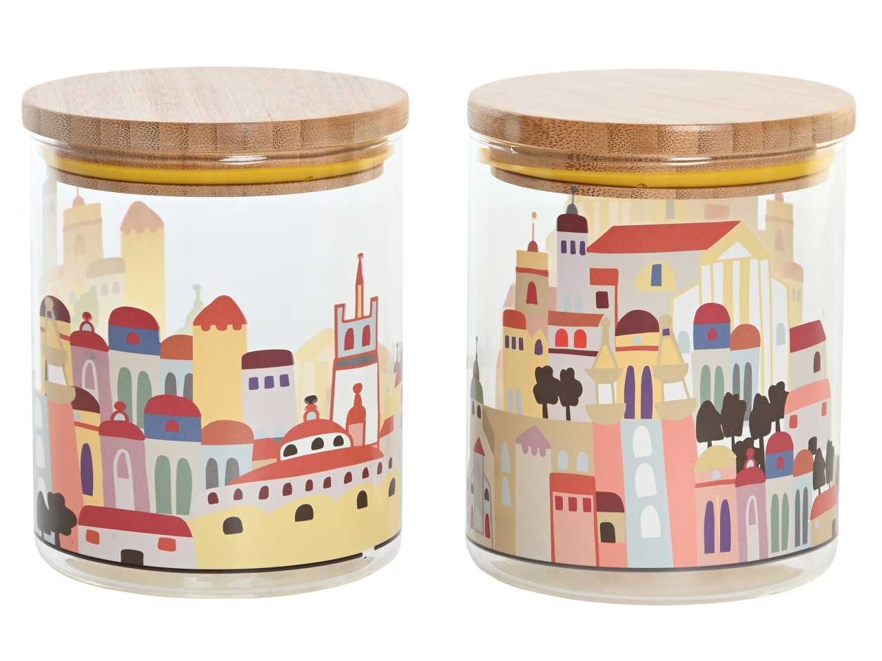BARATTOLO BOROSILICATO DECORO CASETTE COLORATE CON TAPPO DI LEGNO MISURE 10X10X12,5