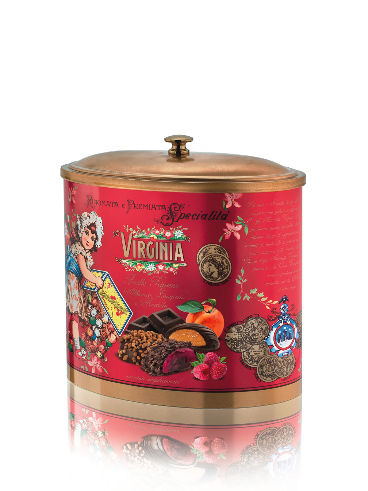 BISCOTTIERA IN LATTA OVALE CON COPERCHIO AMARETTI VIRGINIA FROLLE RIPIENE CON NOCCIOLE 200 GRAMMI