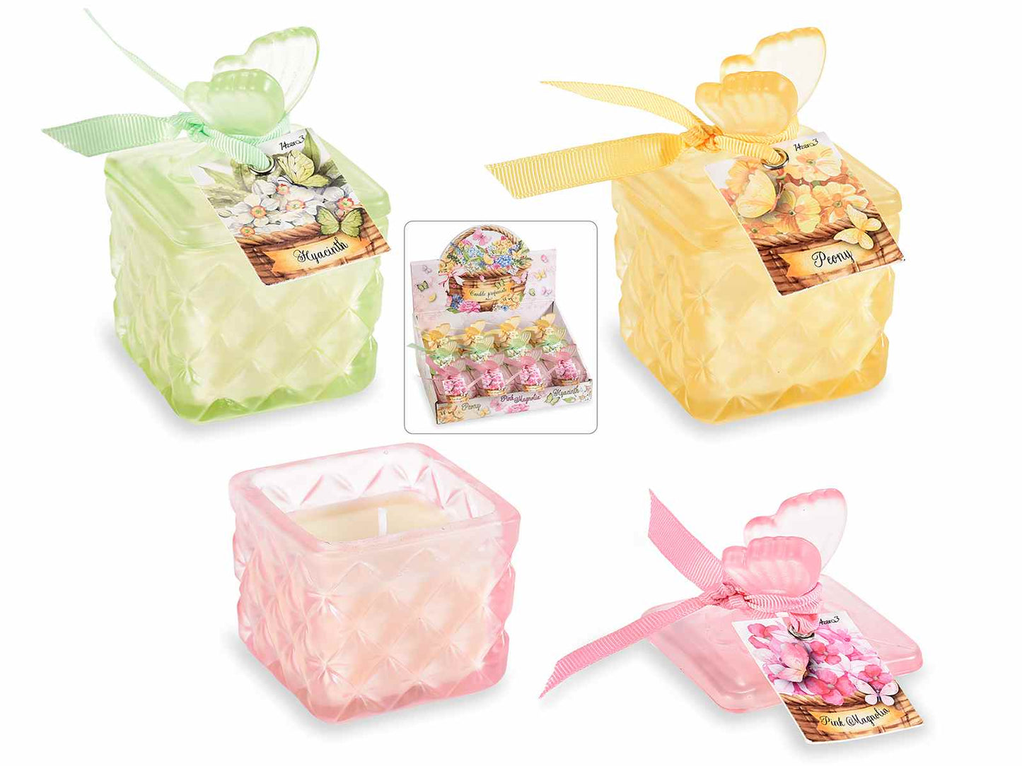 CANDELA PROFUMATA VETRO SATINATO COPERCHIO FARFALLA 3 COLORI Fragranze: Hyacinth, Pink Magnolia, Peony - Durata:14 h - Ad alta concentrazione di profumo Assortimento: 3 fragranze