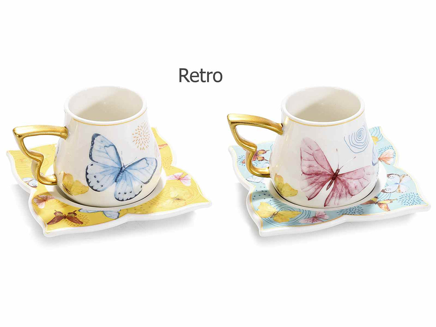 Set 2 tazzine e 2 piattini Farfalla porcellana decori dorati Misure: Tazzina: Ø 6 cm x 5,5 H Capacità: 80 ml - Piattino: 9,5 x 9,5 H Assortimento: 2 fantasie Utilizzo: Tazze