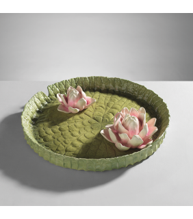 VASSOIO IN RESINA CON FIORI DI LOTO CENTROTAVOLA PORTACANDELA Diam. 34x7,5 h. cm.