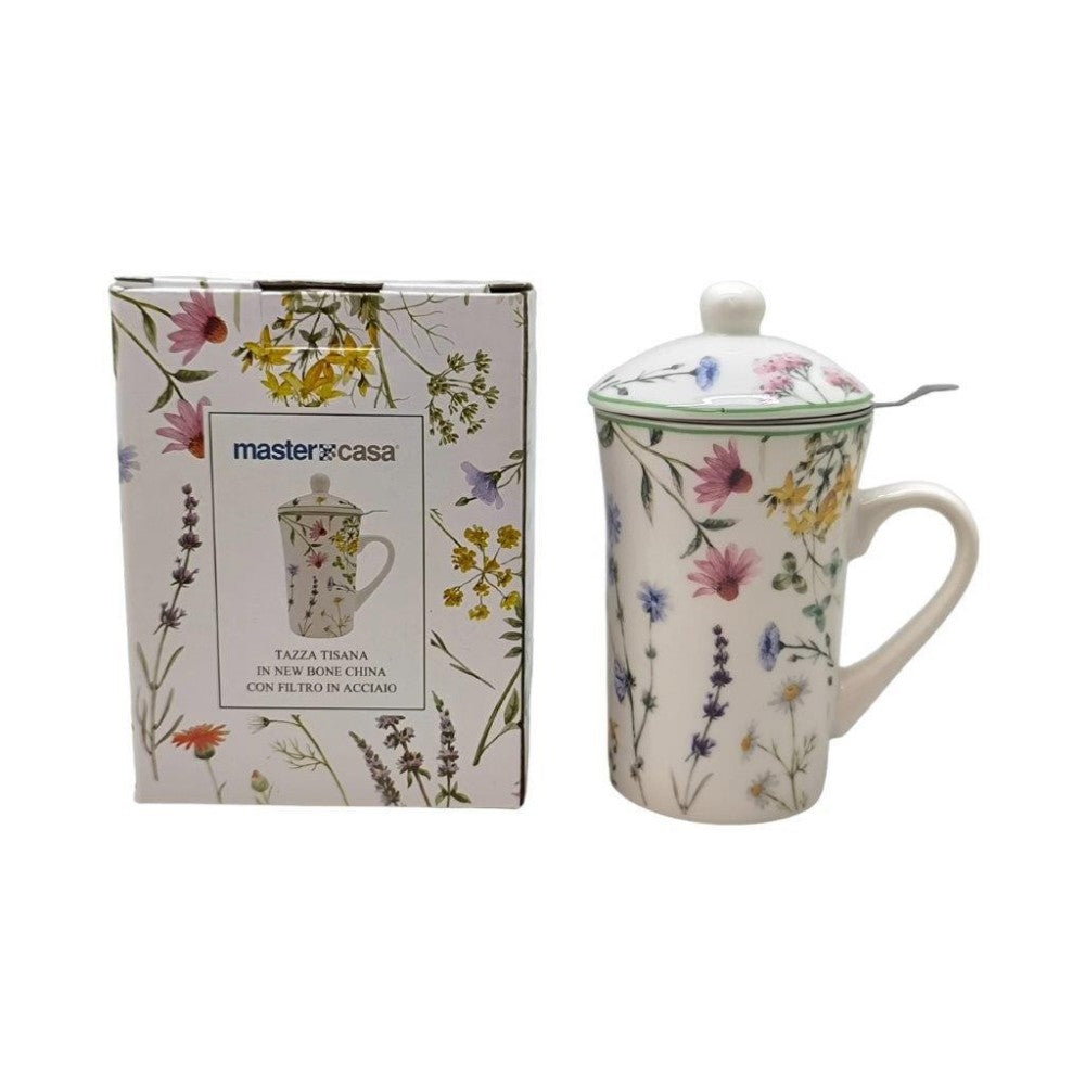 TAZZA TISANA IN PORCELLANA CON FILTRO E COPERCHIO MOTIVO FLOREALE