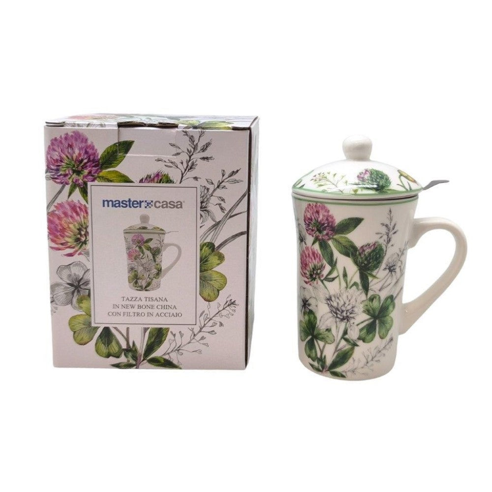 TAZZA TISANA IN PORCELLANA CON FILTRO E COPERCHIO MOTIVO FLOREALE FUXIA
