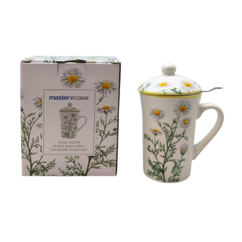 TAZZA TISANA CON FILTRO E COPERCHIO MOTIVO MARGHERITA PORCELLANA