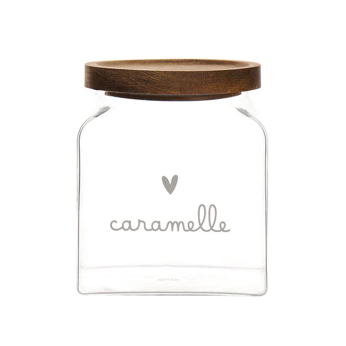 BARATTOLO IN VETRO BOROSILICATO DECORO " CARAMELLE"TAPPO ERMETICO IN LEGNO DI ACACIA 12X12X14 CM