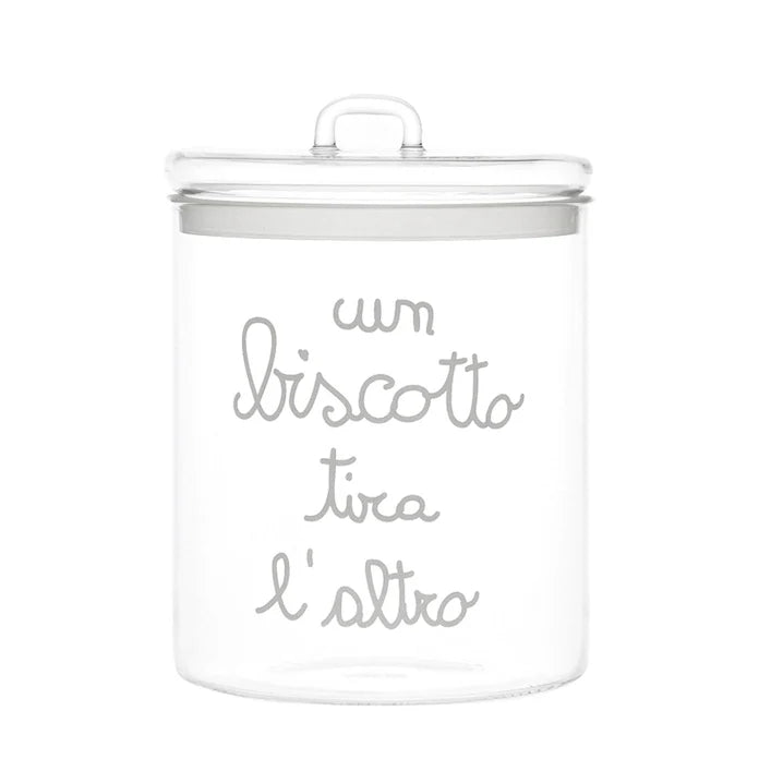 BARATTOLO IN VETRO DECORO"UN BISCOTTO TIRA L'ALTRO" BISCOTTIERA D. 15X H 22