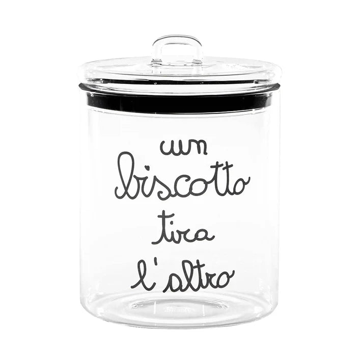 BARATTOLO IN VETRO DECORO"UN BISCOTTO TIRA L'ALTRO" BISCOTTIERA D. 15X H 22