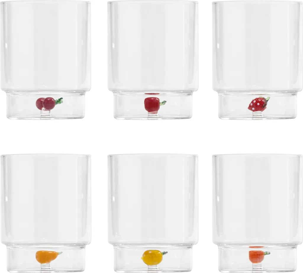 SET 6 BICCHIERI TUMBLER ZAFFERANO VETRO BOROSILICATO IN SCATOLA MISTI TECA FRUTTA