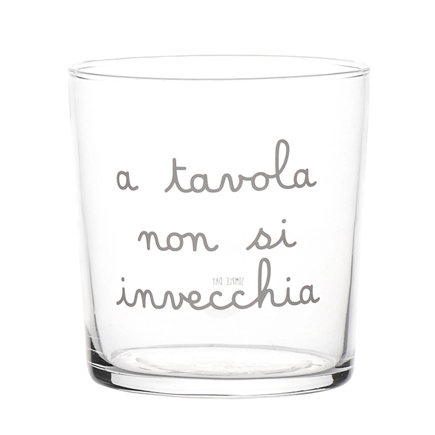 SET 6 BICCHIERI ACQUA DECORO "ATAVOLA NON SI INVECCHIA" VETRO TEMPERATO SERIGRAFIA BIANCA
