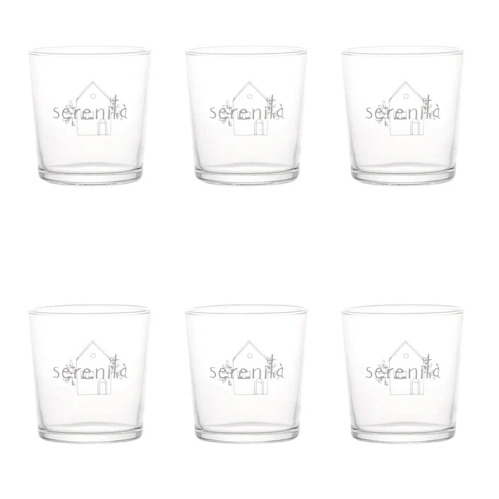 SET 6 BICCHIERI DECORO "SERENITA'" 35 CL IN VETRO TEMPERATO SERIGRAFATO IN BIANCO