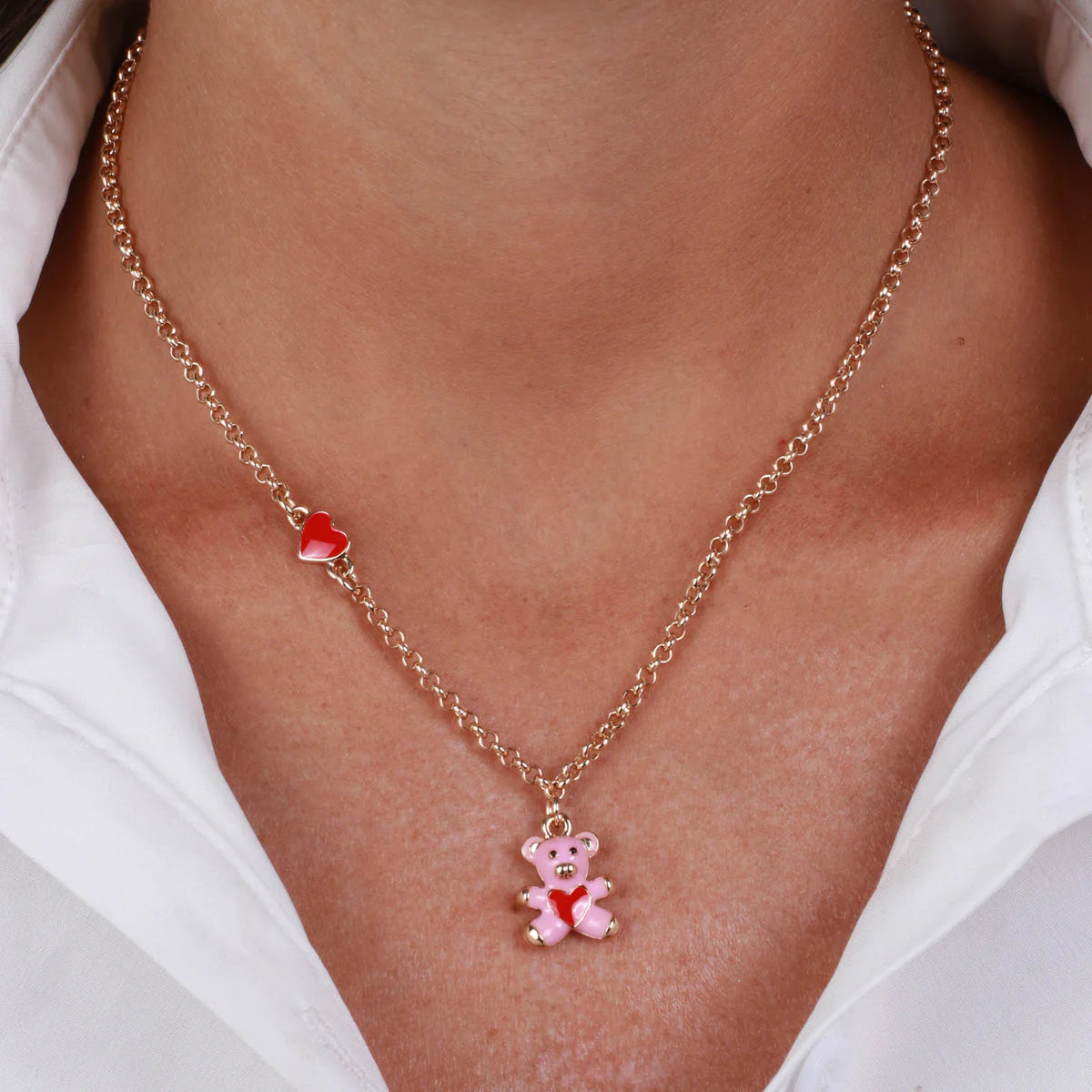 AMOCAPRI Collana in Metallo con orso rosa e cuore rosso