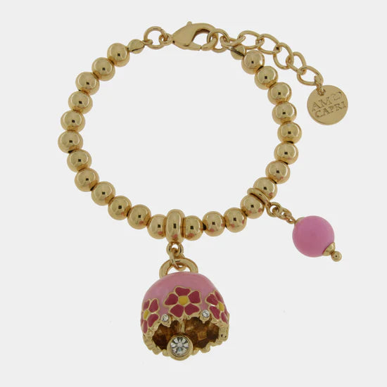 AMOCAPRI Bracciale in Metallo con campanella rosa e fiori e perla