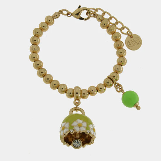 AMOCAPRI Bracciale in Metallo con campanella verde e fiori e perla