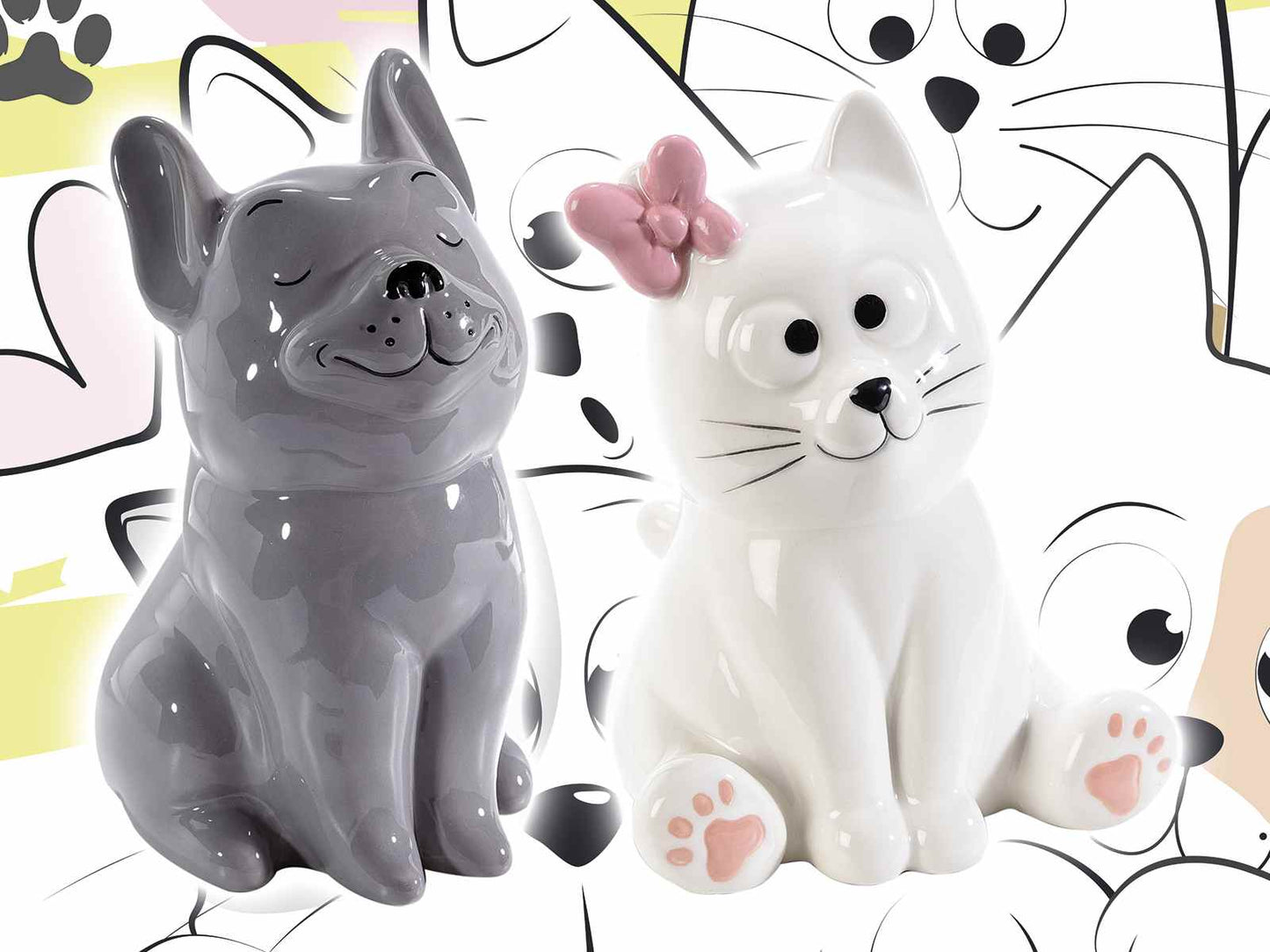 Dolci pensieri gift Salvadanaio "Happy cats and dogs" in ceramica colorata Misure: cm 8,5 x 10 x 14,5 H