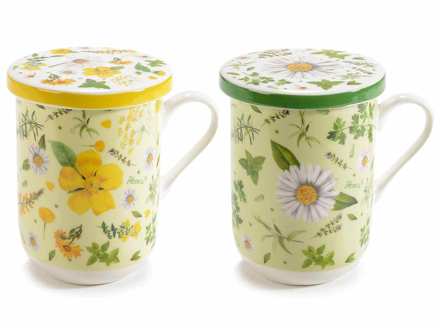 TAZZA TISANA MARGHERITE ERBE E CAMOMILLA DUE COLORI COPERCHIO E INFUSORE IN METALLO