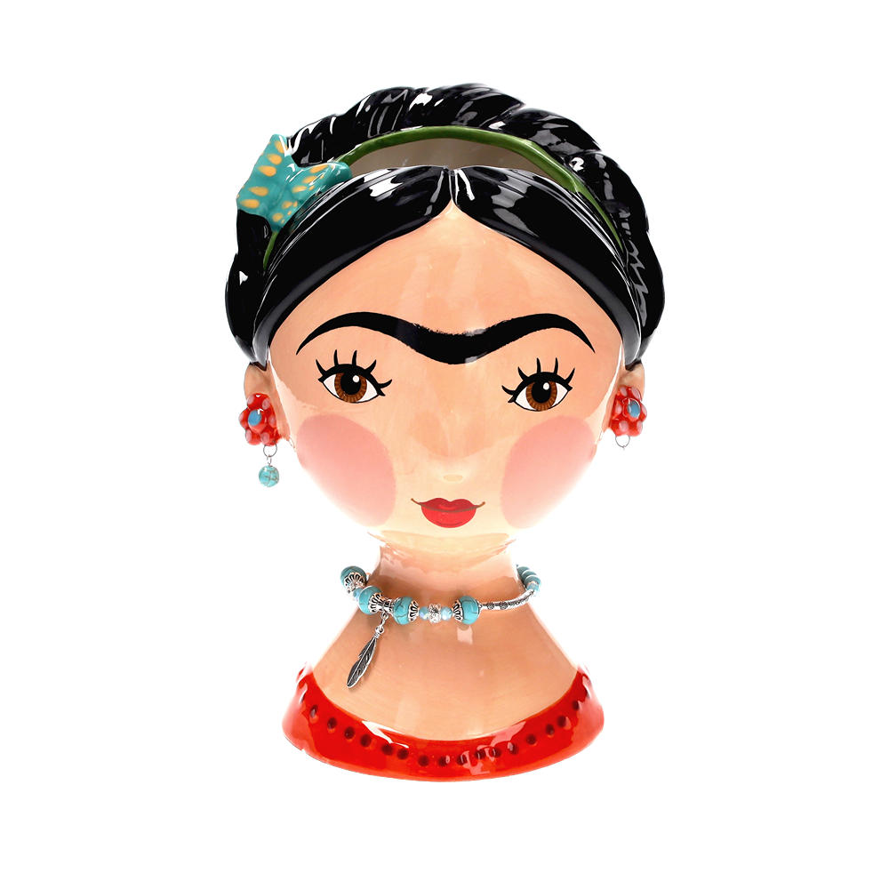 VASO BUSTO FRIDA CON FARFALLA IN CERAMICA CON ORECCHINI E COLLANA H. CM 29