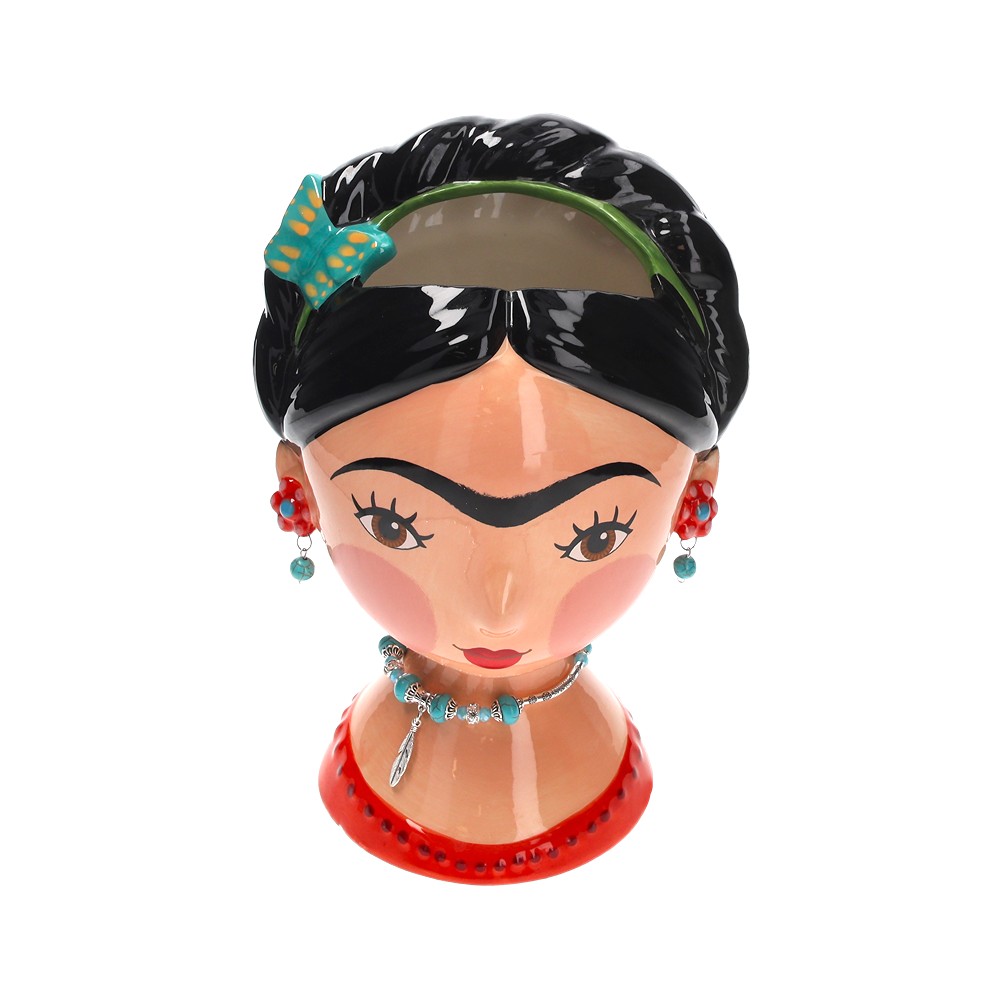 VASO BUSTO FRIDA CON FARFALLA IN CERAMICA CON ORECCHINI E COLLANA H. CM 29