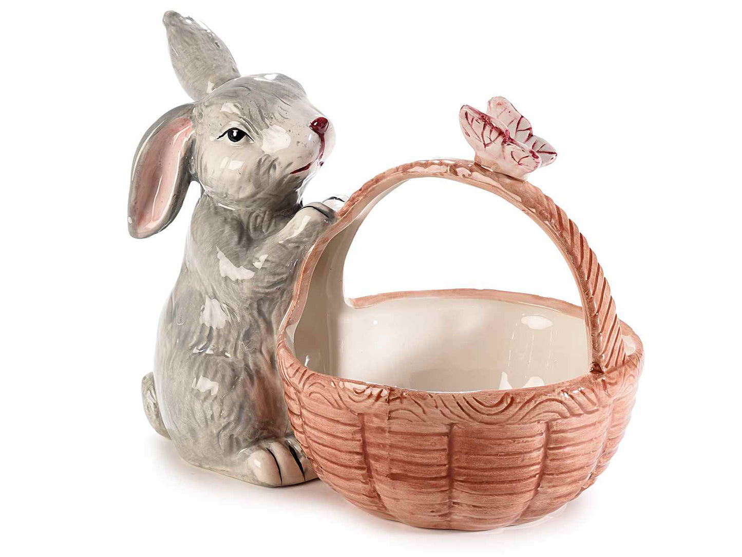 CESTINO IN CERAMICA CON MANICO CONIGLIETTO E FARFALLA CONTENITORE DECORAZIONE CASA