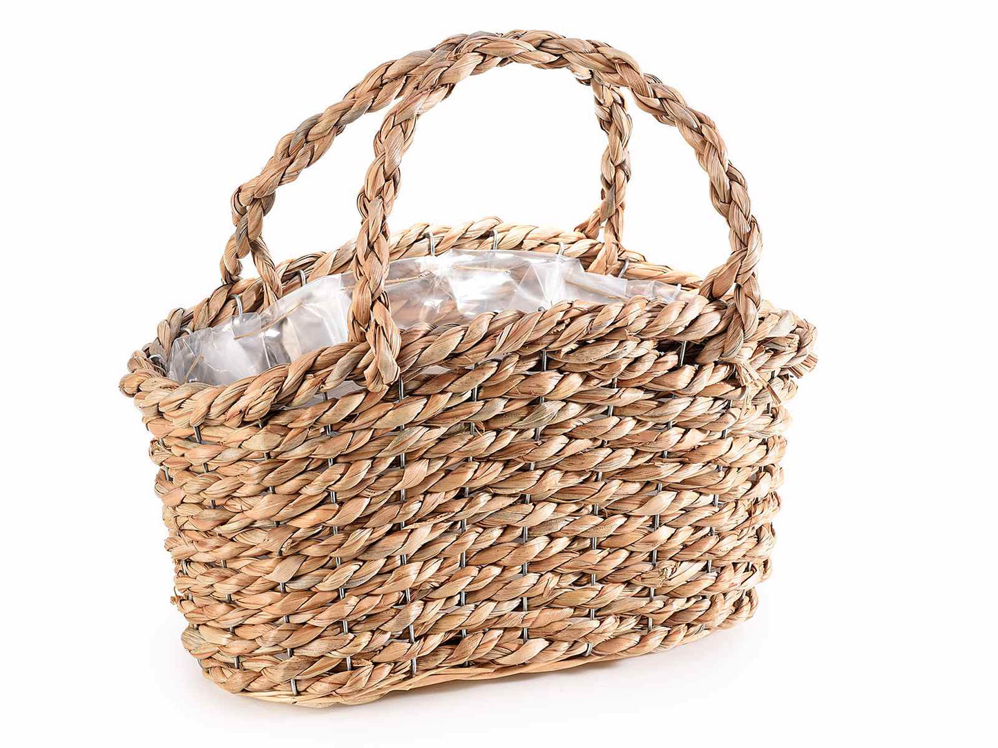 Cestino in fibra naturale ritorta con manici Misure: cm32x16x17,5H (c/manici28) Base: 25 x 10 - Con rivestimento interno Utilizzo: Cestini Cestini in fibra naturale ritorta con manici