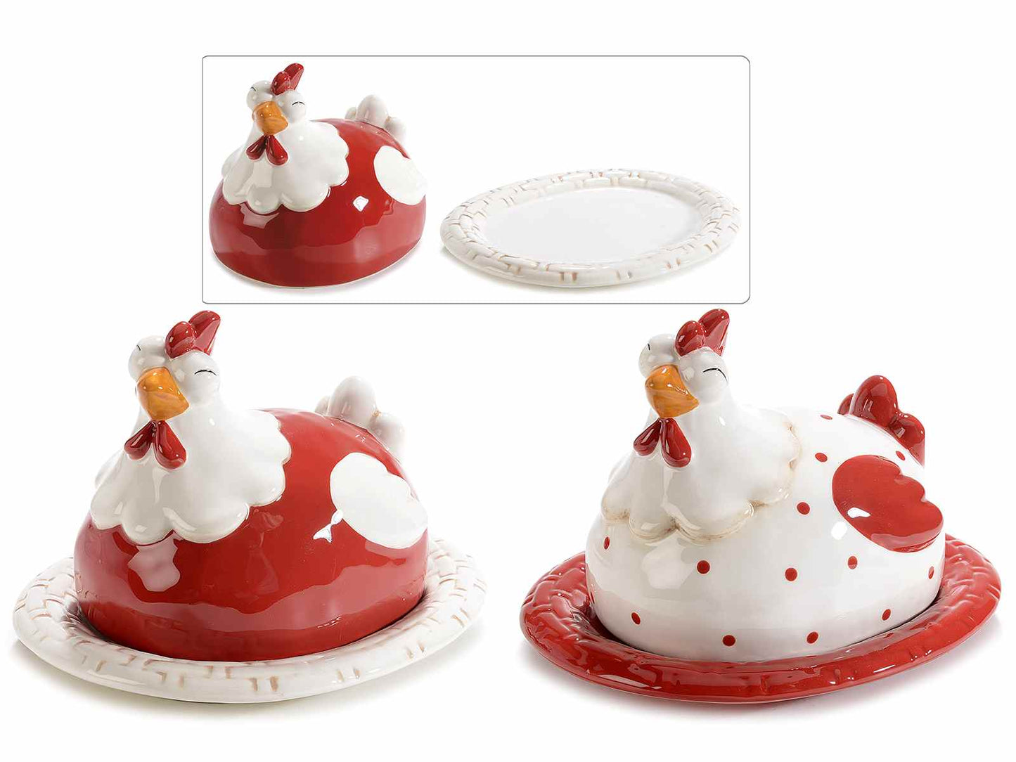 PIATTO ALIMENTARE IN CERAMICA CON COPERCHIO FORMA GALLINELLA Misure: cm 19 x 16 x 13 H Assortimento: 2 fantasie