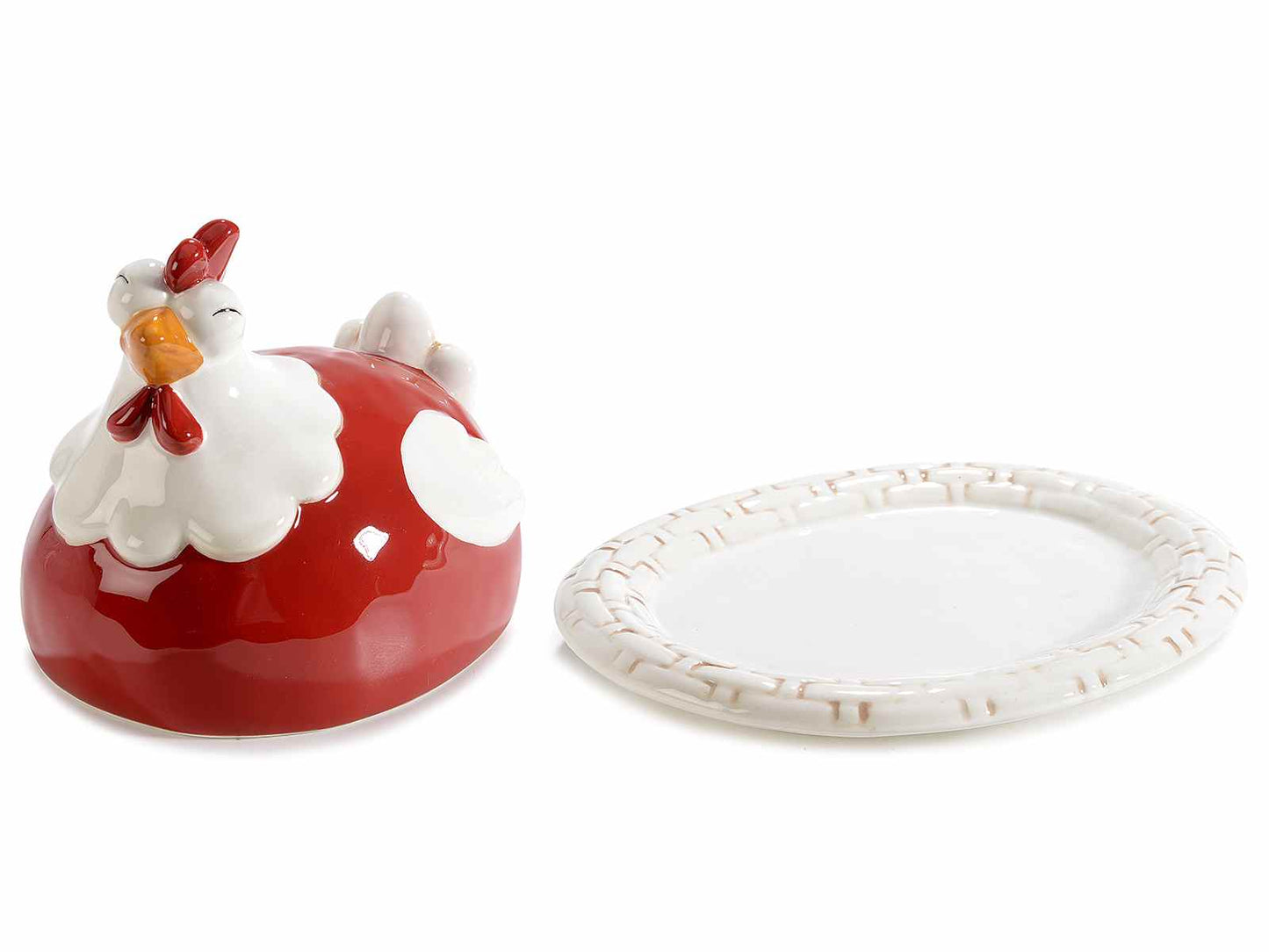 PIATTO ALIMENTARE IN CERAMICA CON COPERCHIO FORMA GALLINELLA Misure: cm 19 x 16 x 13 H Assortimento: 2 fantasie