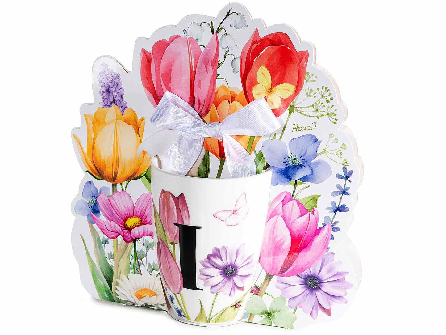 TAZZA FLOREALE 300 ML CON INIZIALE"I" CONFEZIONE REGALO SAGOMATA CON FIOCCO