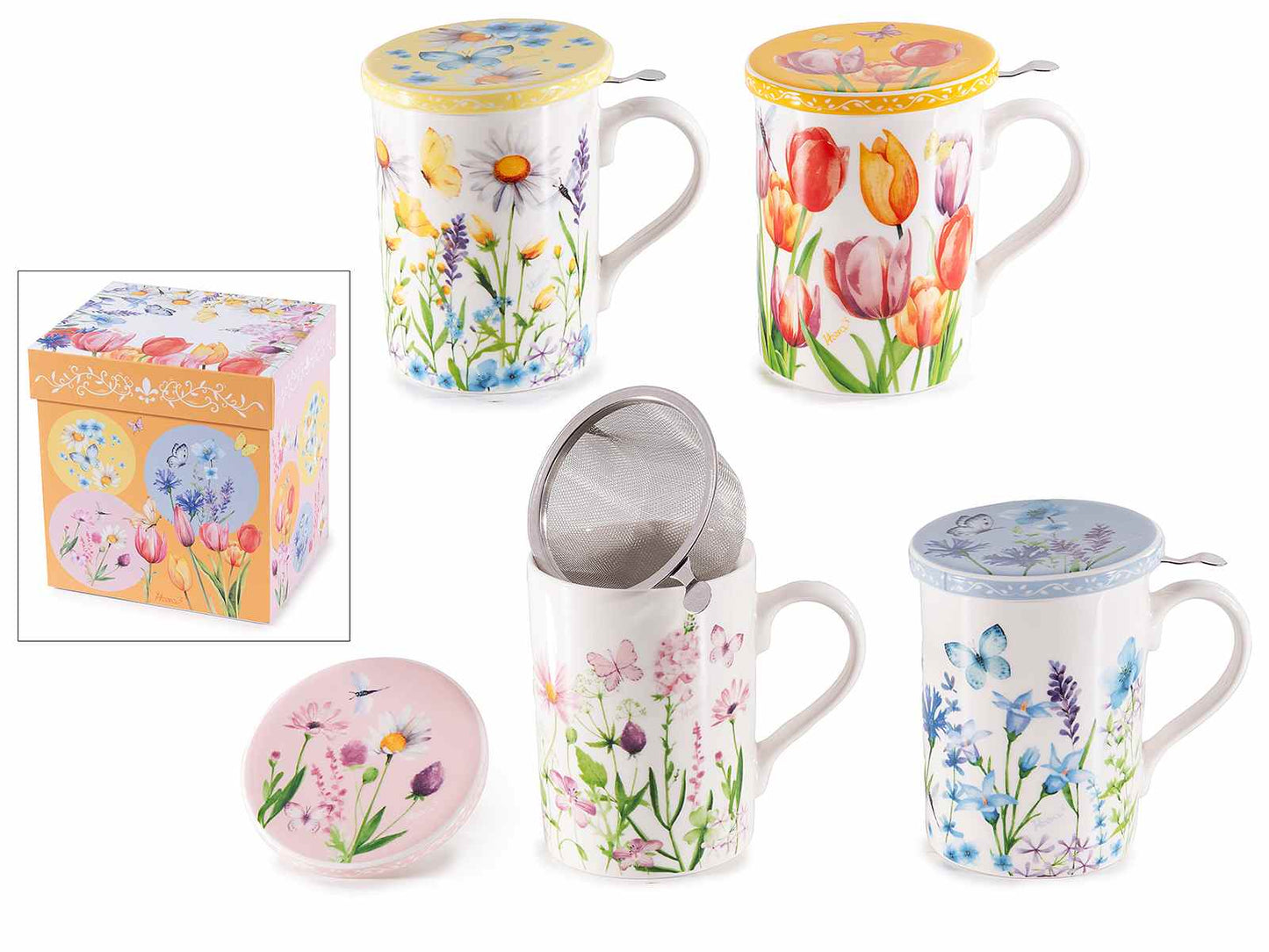 TAZZA TISANA DECORO FIORI 350 ML SCATOLA REGALO CON COPERCHIO E FILTRO IN METALLO