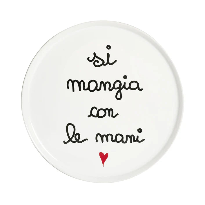 PIATTO PIAZZA GRES PORCELLANA BIANCA CON DECORO"SI MANGIA CON LE MANI" DIAM. CM 31