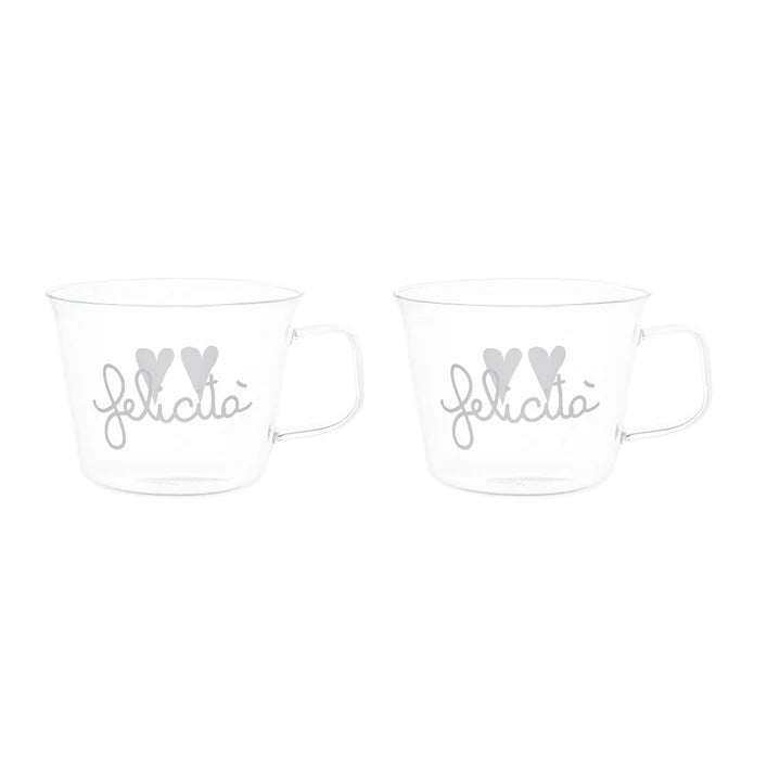 SET 2 TAZZE COLAZIONE IN VETRO DECORO " FELICITA'" Dimensioni diam. 11 cm x h 8 cm - capienza 480ml