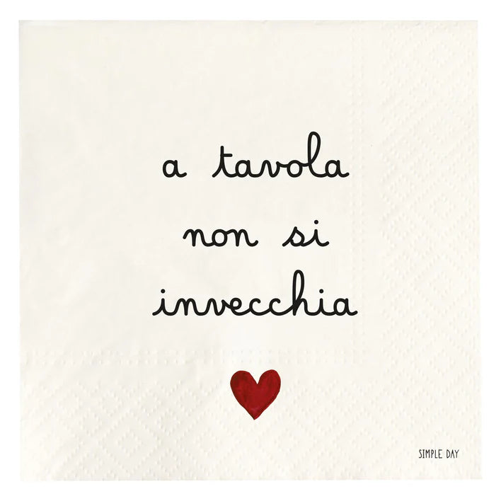 SET 20 TOVAGLIOLI BIANCHI CON DECORO"ATAVOLA NON SI INVECCHIA" 33X33 CM