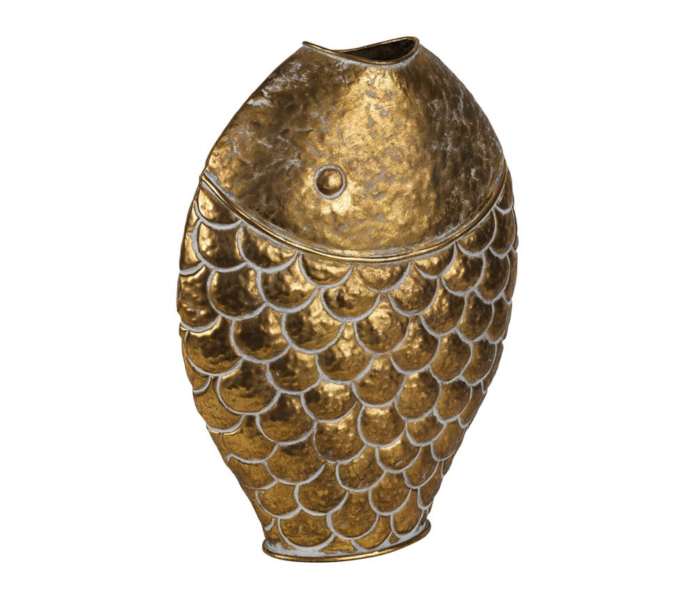 VASO FIORI METALLO ORO FORMA PESCE 31.5X11.5XH42CM SALOTTO CUCINA CASA AL MARE