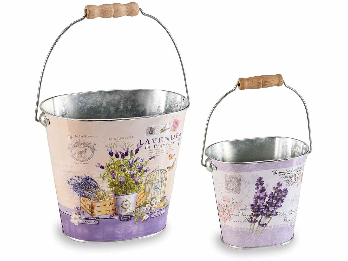 SET 2 VASI IN METALLO DECORO LAVANDA SECCHIELLO CON MANICO GRANDE E PICCOLO