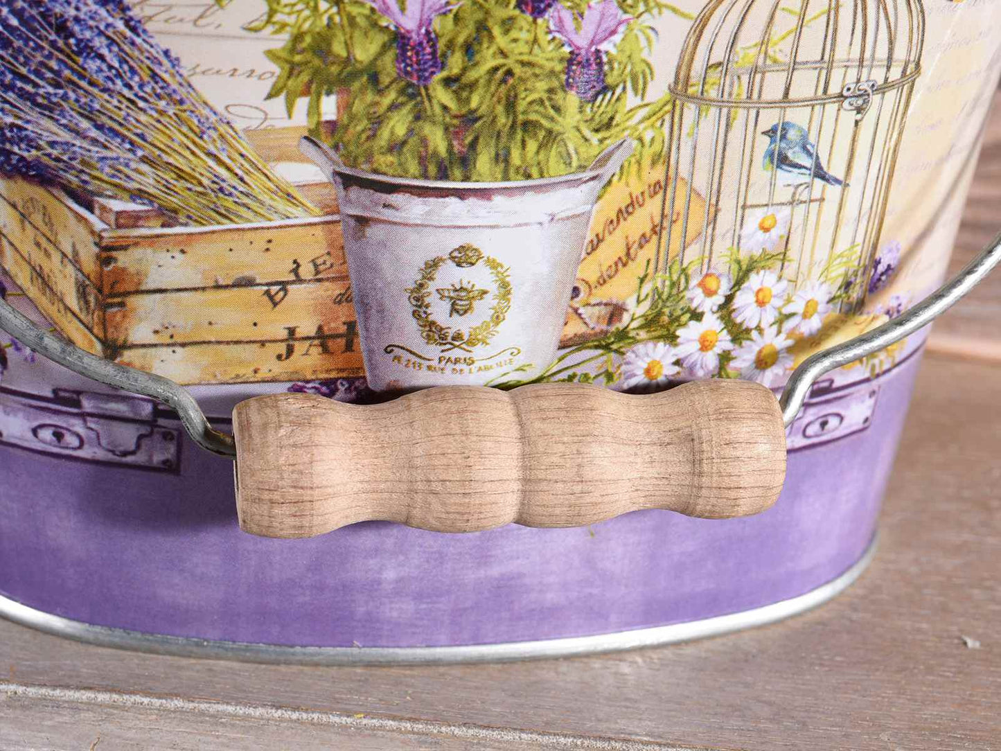 SET 2 VASI IN METALLO DECORO LAVANDA SECCHIELLO CON MANICO GRANDE E PICCOLO
