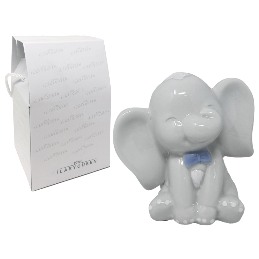 Dolci pensieri gift BOMBONIERA ELEFANTINO CON FIOCCO AZZURRO CM 9 PORCELLANA LUCIDA BATTESIMO COMPLEANNO NASCITA