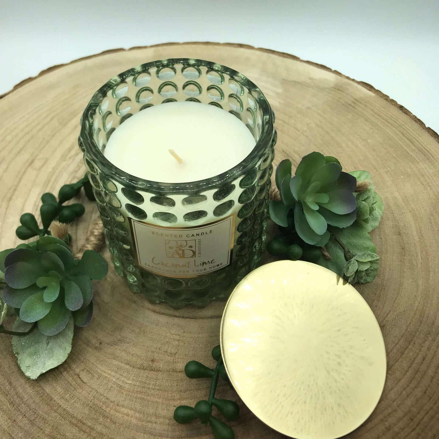 Dolci pensieri gift CANDELA PROFUMATA VERDE IN VETRO E TAPPO ORO METALLO BOMBONIERA REGALO