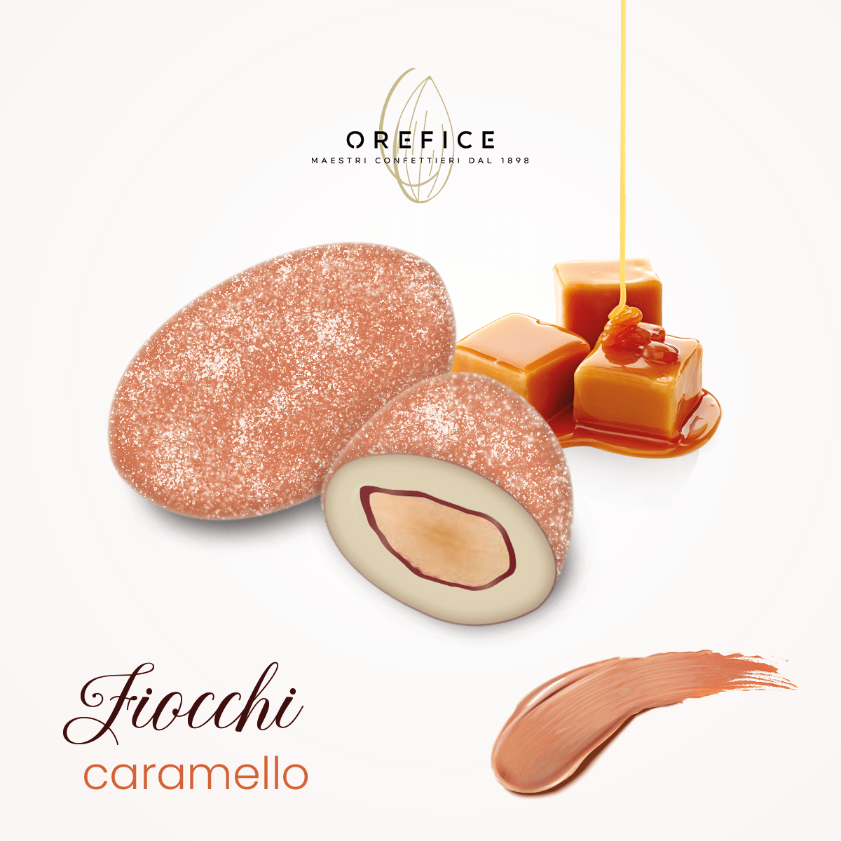 Confetti Fiocchi con Zucchero a Velo e Mandorla Tostata Arancione Caramello 900g - Dolci pensieri gift