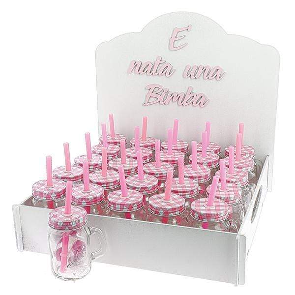 KIT BOMBONIERA " E′ NATA UNA BIMBA " + 48 PZ BARATTOLO CANNUCCIA ROSA 7,5X8,5 - Dolci pensieri gift