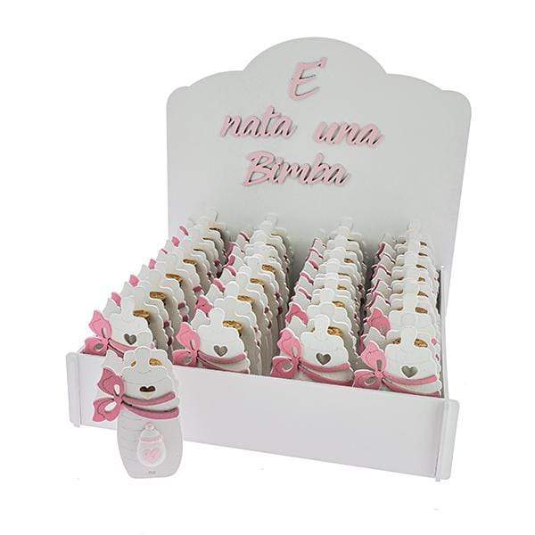 KIT BOMBONIERA " E′ NATA UNA BIMBA " + 48 PZ BOX BIBERON ROSA CON FIALA 7X11,5" - Dolci pensieri gift