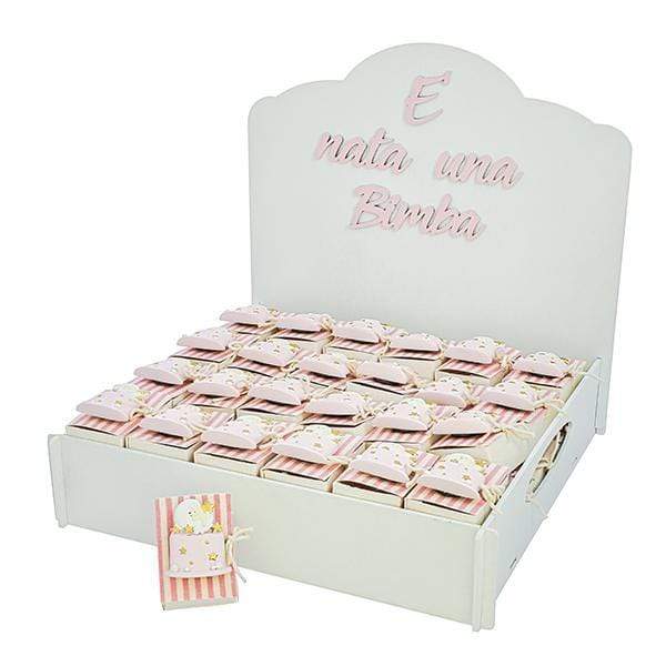 KIT BOMBONIERA " E′ NATA UNA BIMBA "" +48 PZ LIBRO RIGHE CON TORTINA ROSA 4,5X6,5 - Dolci pensieri gift