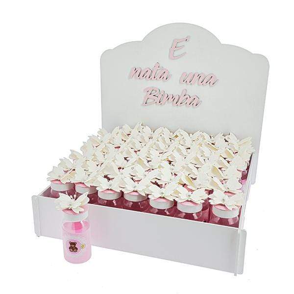 KIT " E′ NATA UNA BIMBA " +48 PZ BARATTOLO PLEX BABY ROSA CON FARFALLA 4X8 - Dolci pensieri gift